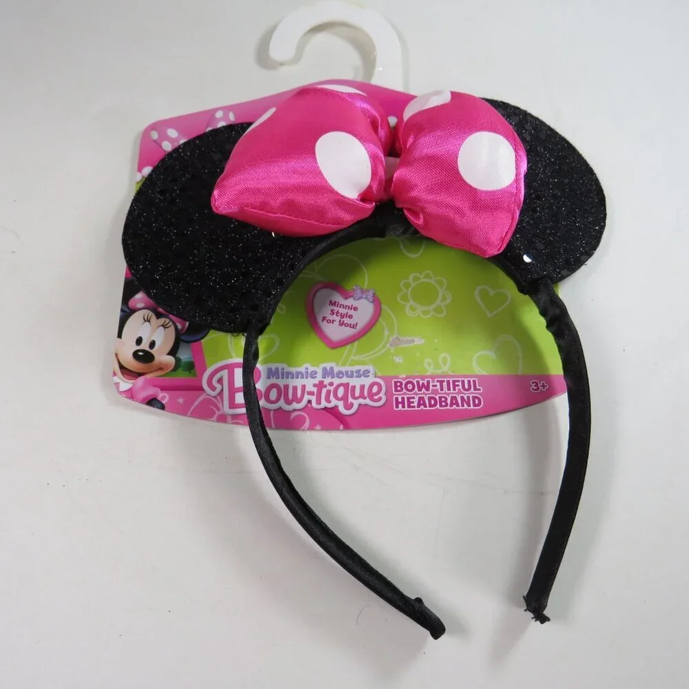Minnie Mouse headband with sequins fabric ears, satin puffy pink polka dot bow